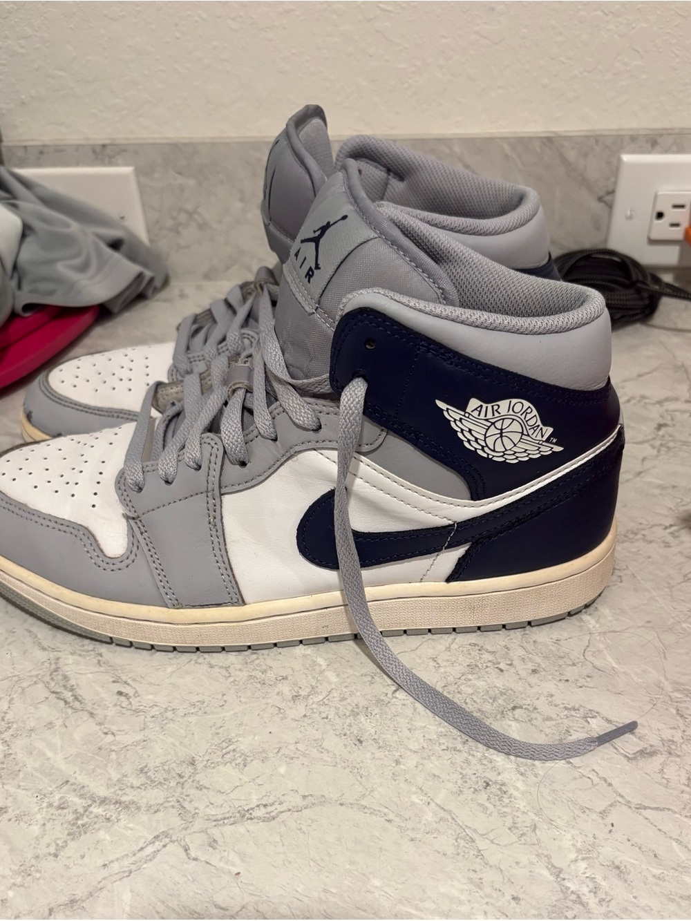 Nike Air Jordan 1 Mid in White, Gray, Navy